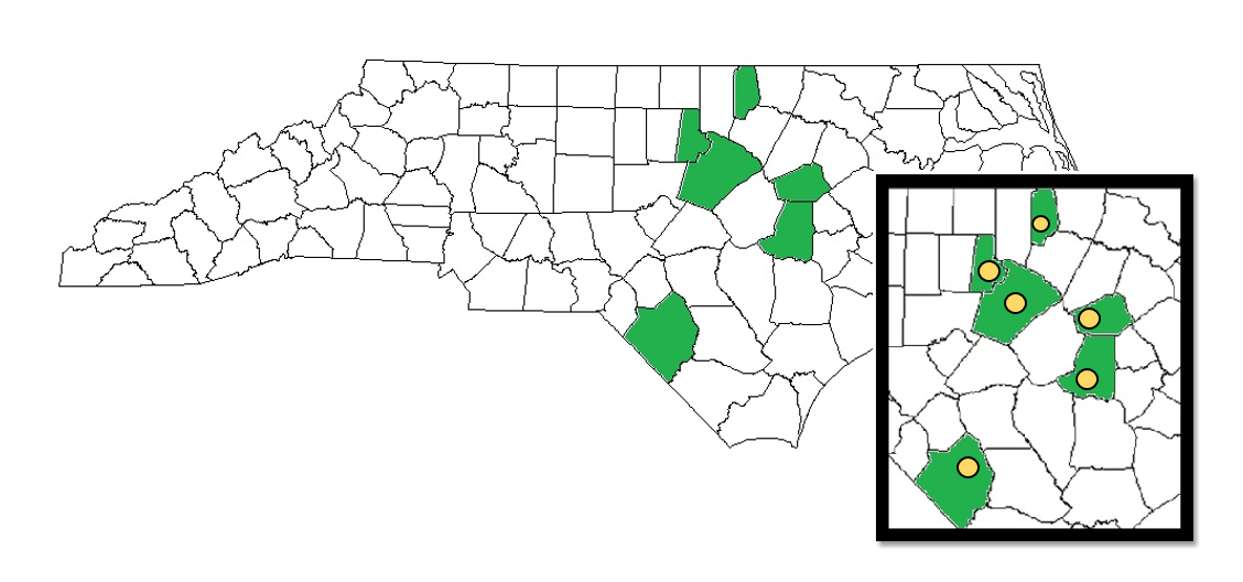 map of North Carolina with biorepository hospitals marked